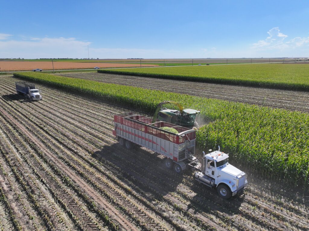 A tractor pulling a trailer in the middle of an open field.