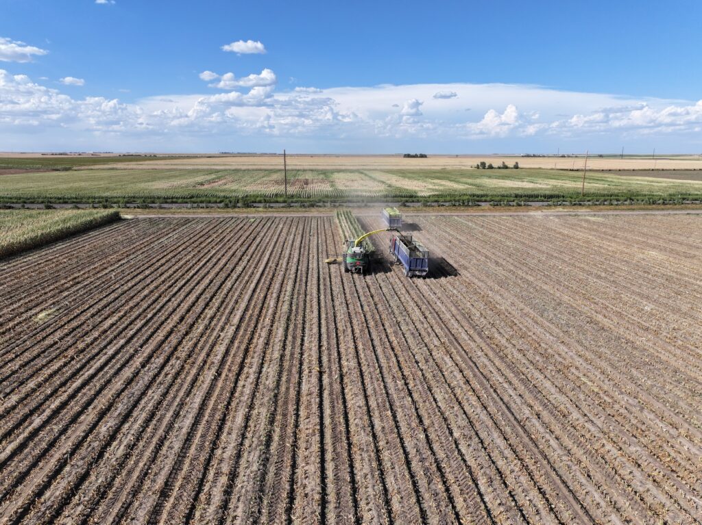 A tractor is plowing the field in an open area.